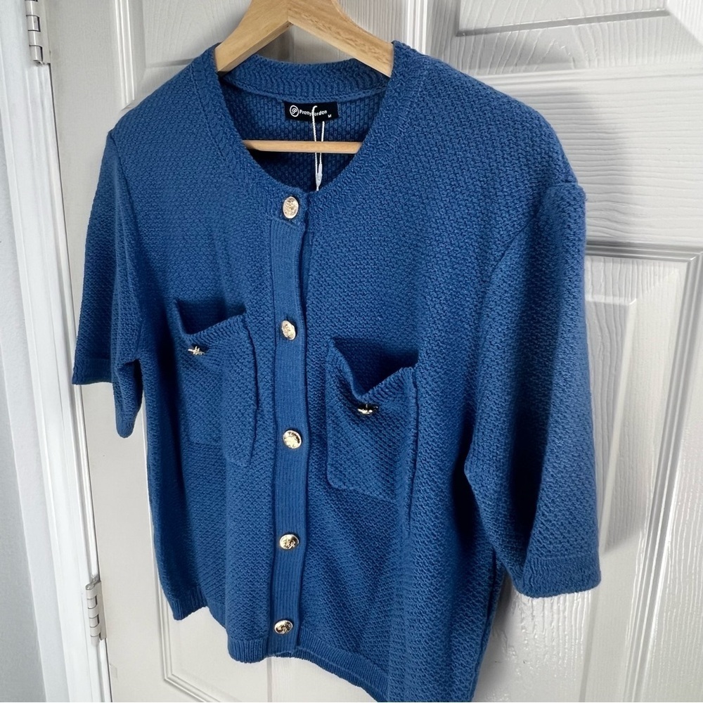 Blue Short Sleeve Knit Cardigan Sweater Women Med Gold Button Front Pockets NWT - Picture 10 of 13